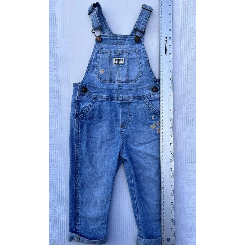 OshKosh B’gosh Girls 3T Denim Overalls Butterfly Floral Embroidered Light Wash